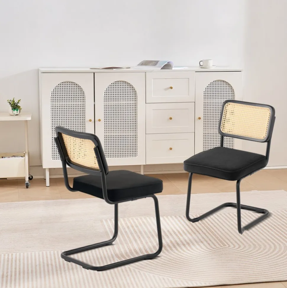VEVOR Rattan Dining Chairs Set of 2, Mid Century Modern Dining Chair, Upholstered Velvet Accent Chair with Rattan Back, Retro Dining Room Kitchen Chair for Living Room, Bedroom, Office (18.1 Inch)
