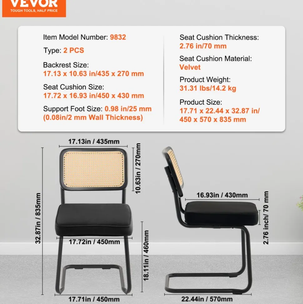 VEVOR Rattan Dining Chairs Set of 2, Mid Century Modern Dining Chair, Upholstered Velvet Accent Chair with Rattan Back, Retro Dining Room Kitchen Chair for Living Room, Bedroom, Office (18.1 Inch)