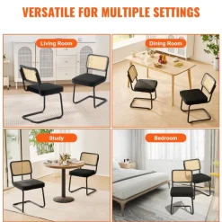 VEVOR Rattan Dining Chairs Set of 2, Mid Century Modern Dining Chair, Upholstered Velvet Accent Chair with Rattan Back, Retro Dining Room Kitchen Chair for Living Room, Bedroom, Office (18.1 Inch)