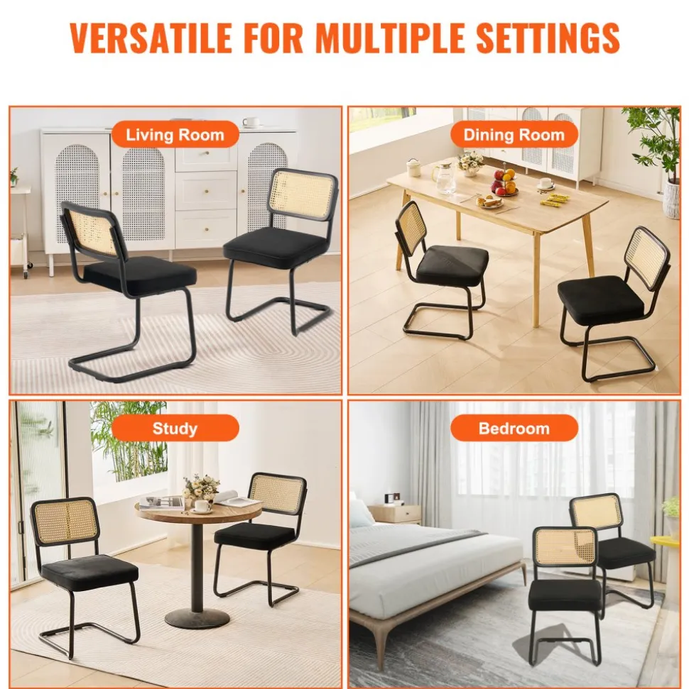 VEVOR Rattan Dining Chairs Set of 2, Mid Century Modern Dining Chair, Upholstered Velvet Accent Chair with Rattan Back, Retro Dining Room Kitchen Chair for Living Room, Bedroom, Office (18.1 Inch)