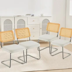 VEVOR Rattan Dining Chairs Set of 4, Mid Century Modern Dining Chair, Upholstered Velvet Accent Chair with Rattan Back, Retro Dining Room Kitchen Chair for Living Room, Bedroom, Office (18.1 Inch)