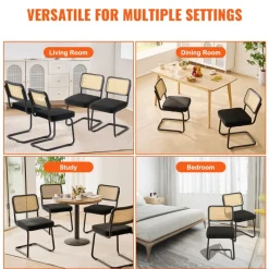 VEVOR Rattan Dining Chairs Set of 4, Mid Century Modern Dining Chair, Upholstered Velvet Accent Chair with Rattan Back, Retro Dining Room Kitchen Chair for Living Room, Bedroom, Office (18.1 Inch)