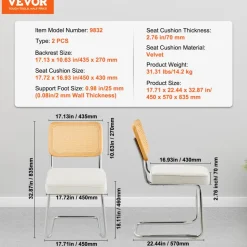 VEVOR Rattan Dining Chairs Set of 2, Mid Century Modern Dining Chair, Upholstered Velvet Accent Chair with Rattan Back, Retro Dining Room Kitchen Chair for Living Room, Bedroom, Office (18.1 Inch)