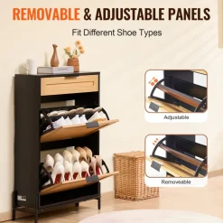 VEVOR Rattan Shoe Cabinet, Narrow Shoe Storage Organizer with 2 Flip Rattan Drawers & 1 Slide Drawer, Metal Legs, Slim Shoe Entryway Cabinet Ideal for Entryway, Closet, Hallway, Black