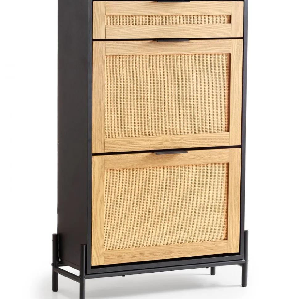VEVOR Rattan Shoe Cabinet, Narrow Shoe Storage Organizer with 2 Flip Rattan Drawers & 1 Slide Drawer, Metal Legs, Slim Shoe Entryway Cabinet Ideal for Entryway, Closet, Hallway, Black