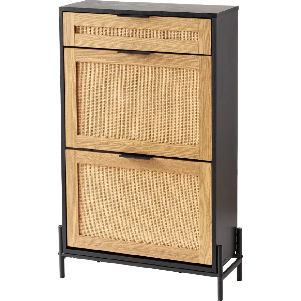 VEVOR Rattan Shoe Cabinet, Narrow Shoe Storage Organizer with 2 Flip Rattan Drawers & 1 Slide Drawer, Metal Legs, Slim Shoe Entryway Cabinet Ideal for Entryway, Closet, Hallway, Black