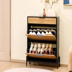 VEVOR Rattan Shoe Cabinet, Narrow Shoe Storage Organizer with 2 Flip Rattan Drawers & 1 Slide Drawer, Metal Legs, Slim Shoe Entryway Cabinet Ideal for Entryway, Closet, Hallway, Black