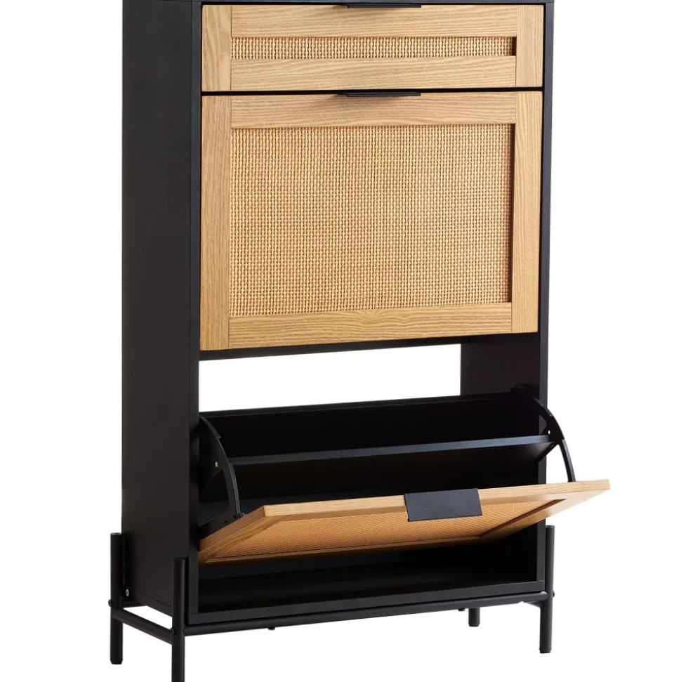 VEVOR Rattan Shoe Cabinet, Narrow Shoe Storage Organizer with 2 Flip Rattan Drawers & 1 Slide Drawer, Metal Legs, Slim Shoe Entryway Cabinet Ideal for Entryway, Closet, Hallway, Black