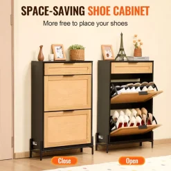 VEVOR Rattan Shoe Cabinet, Narrow Shoe Storage Organizer with 2 Flip Rattan Drawers & 1 Slide Drawer, Metal Legs, Slim Shoe Entryway Cabinet Ideal for Entryway, Closet, Hallway, Black