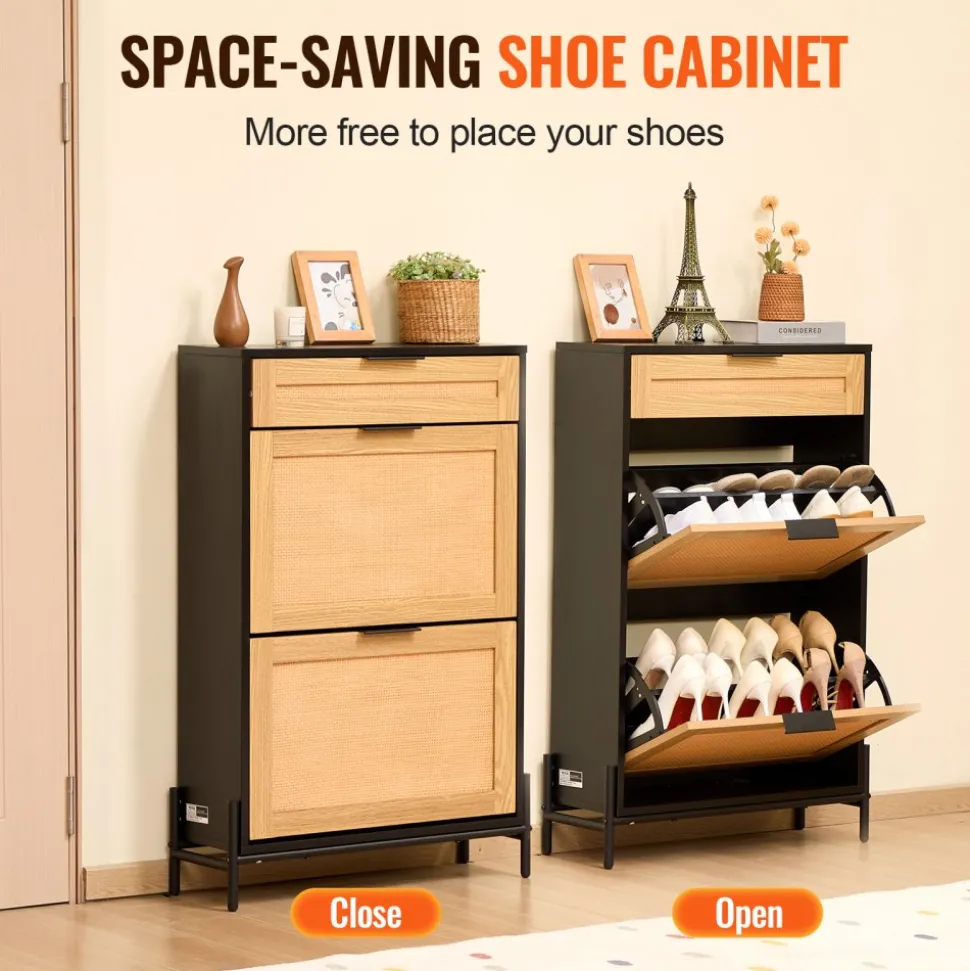 VEVOR Rattan Shoe Cabinet, Narrow Shoe Storage Organizer with 2 Flip Rattan Drawers & 1 Slide Drawer, Metal Legs, Slim Shoe Entryway Cabinet Ideal for Entryway, Closet, Hallway, Black