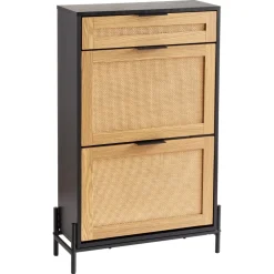 VEVOR Rattan Shoe Cabinet, Narrow Shoe Storage Organizer with 2 Flip Rattan Drawers & 1 Slide Drawer, Metal Legs, Slim Shoe Entryway Cabinet Ideal for Entryway, Closet, Hallway, Black