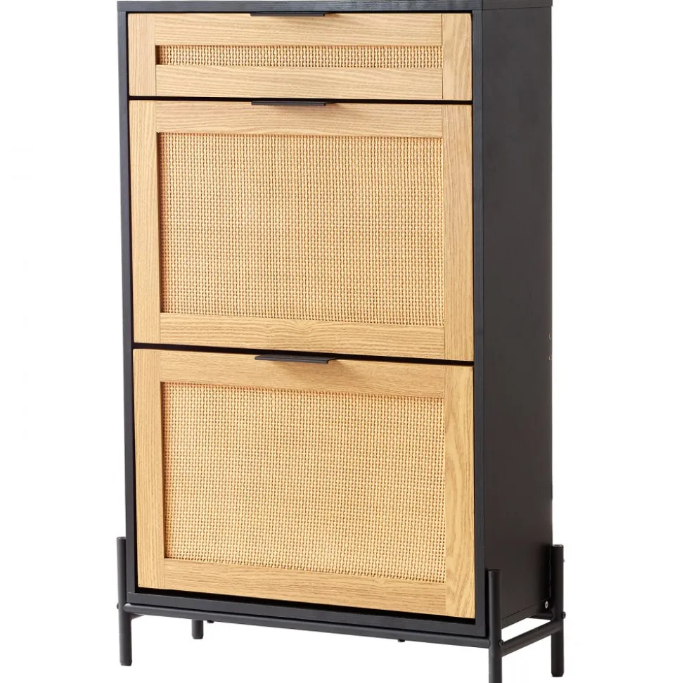 VEVOR Rattan Shoe Cabinet, Narrow Shoe Storage Organizer with 2 Flip Rattan Drawers & 1 Slide Drawer, Metal Legs, Slim Shoe Entryway Cabinet Ideal for Entryway, Closet, Hallway, Black
