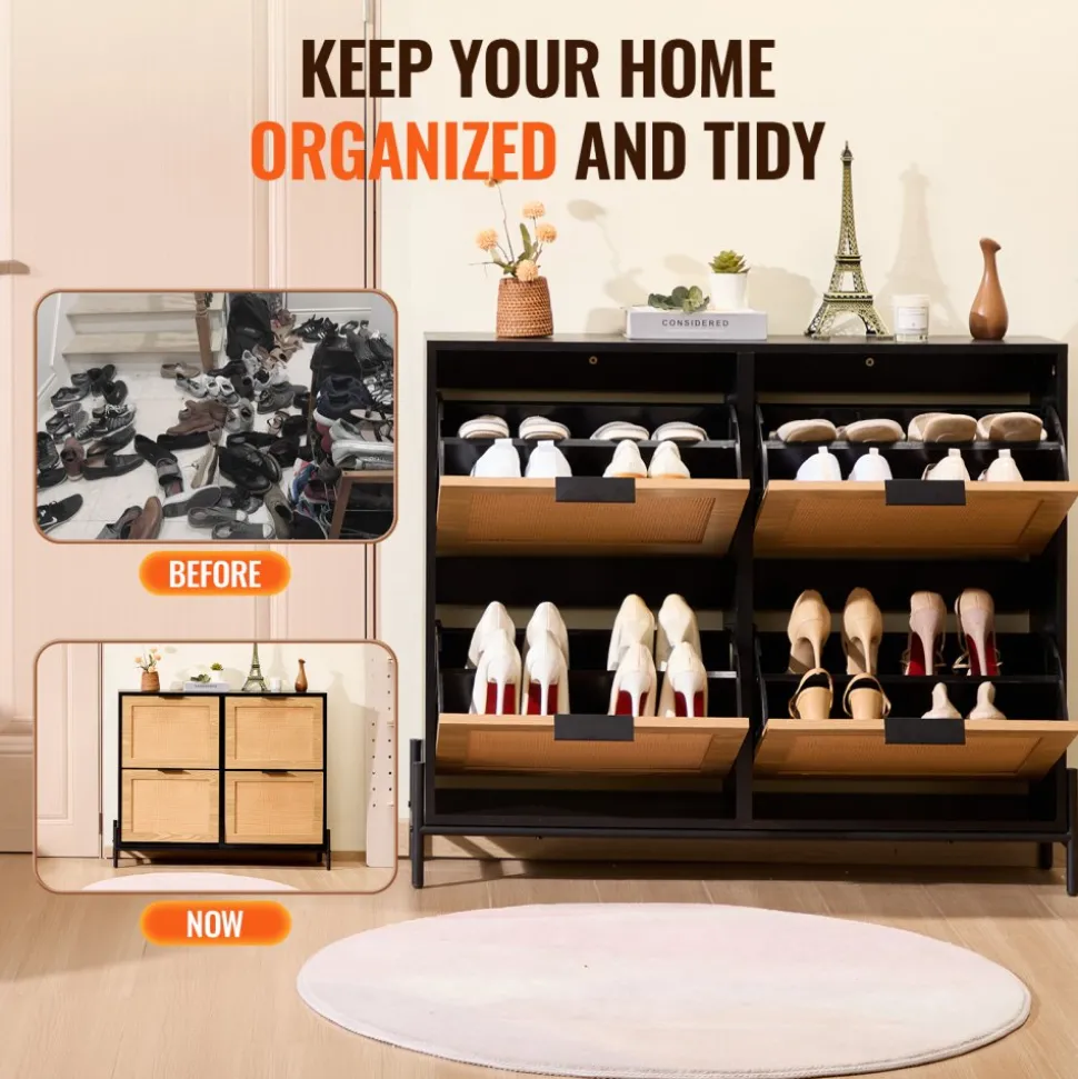 VEVOR Rattan Shoe Cabinet, Narrow Shoe Storage Organizer with 4 Flip Drawers, Slim Shoe Entryway Storage Cabinet with Metal Legs, Ideal for Entryway, Closet, Hallway, Light Wood Color