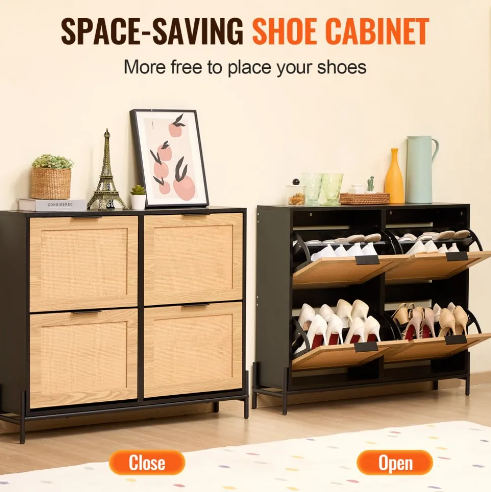 VEVOR Rattan Shoe Cabinet, Narrow Shoe Storage Organizer with 4 Flip Drawers, Slim Shoe Entryway Storage Cabinet with Metal Legs, Ideal for Entryway, Closet, Hallway, Light Wood Color