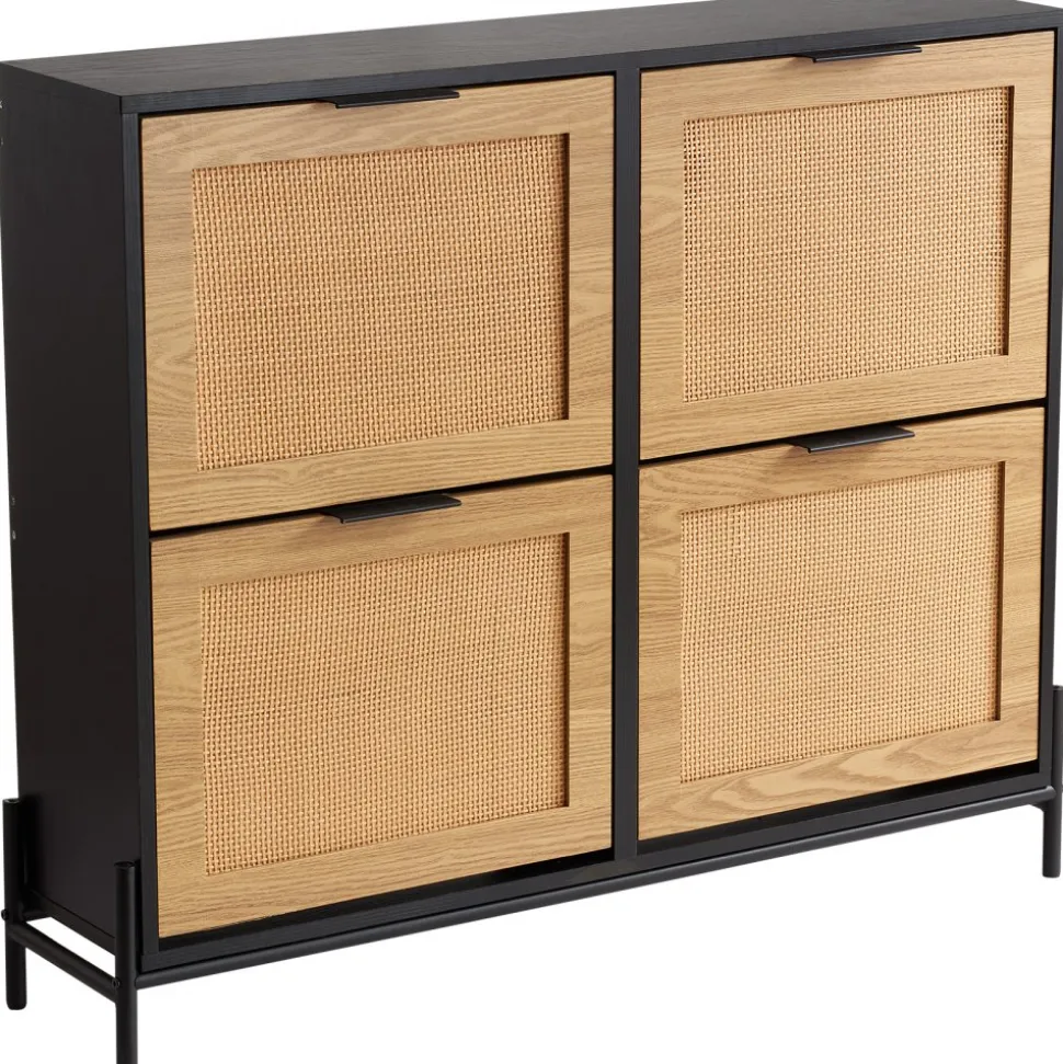 VEVOR Rattan Shoe Cabinet, Narrow Shoe Storage Organizer with 4 Flip Drawers, Slim Shoe Entryway Storage Cabinet with Metal Legs, Ideal for Entryway, Closet, Hallway, Light Wood Color