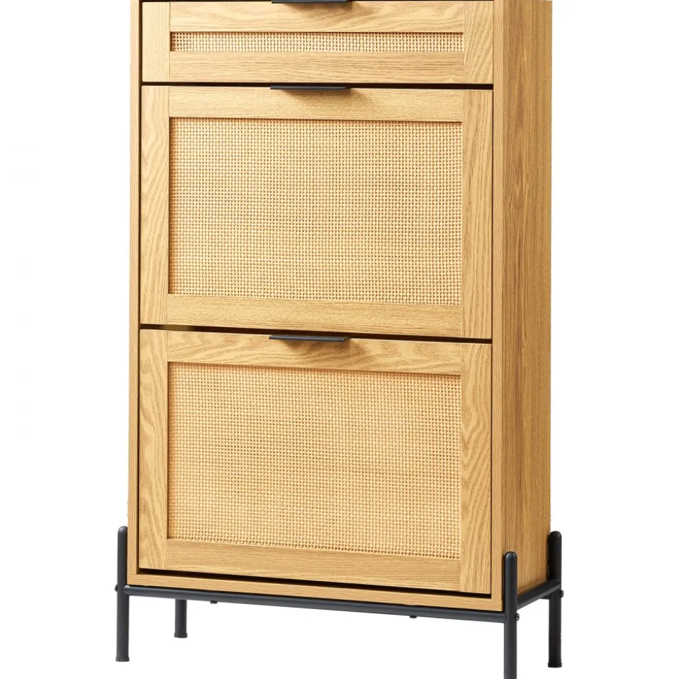 VEVOR Rattan Shoe Cabinet, Narrow Shoe Storage Organizer with 2 Flip Rattan Drawers & 1 Slide Drawer, Metal Legs, Slim Shoe Entryway Cabinet Ideal for Entryway, Closet, Hallway, Light Wood Color