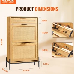 VEVOR Rattan Shoe Cabinet, Narrow Shoe Storage Organizer with 2 Flip Rattan Drawers & 1 Slide Drawer, Metal Legs, Slim Shoe Entryway Cabinet Ideal for Entryway, Closet, Hallway, Light Wood Color
