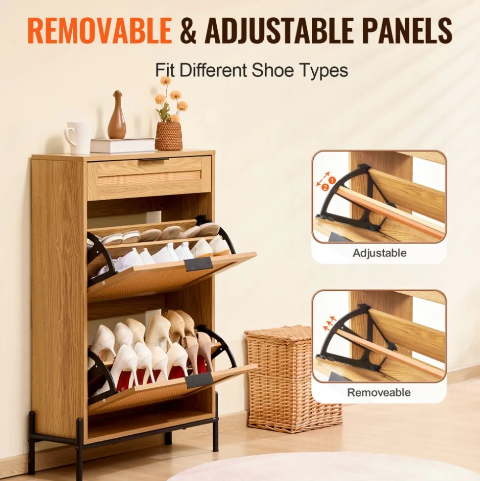 VEVOR Rattan Shoe Cabinet, Narrow Shoe Storage Organizer with 2 Flip Rattan Drawers & 1 Slide Drawer, Metal Legs, Slim Shoe Entryway Cabinet Ideal for Entryway, Closet, Hallway, Light Wood Color