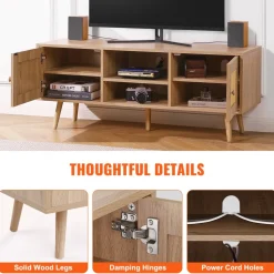 VEVOR Rattan TV Stand, Boho TV Cabinet for 55 inch TV, Mid Century Modern TV Stand, Rattan TV Console with Adjustable Shelfs for  Living Room, Media Room, Oak
