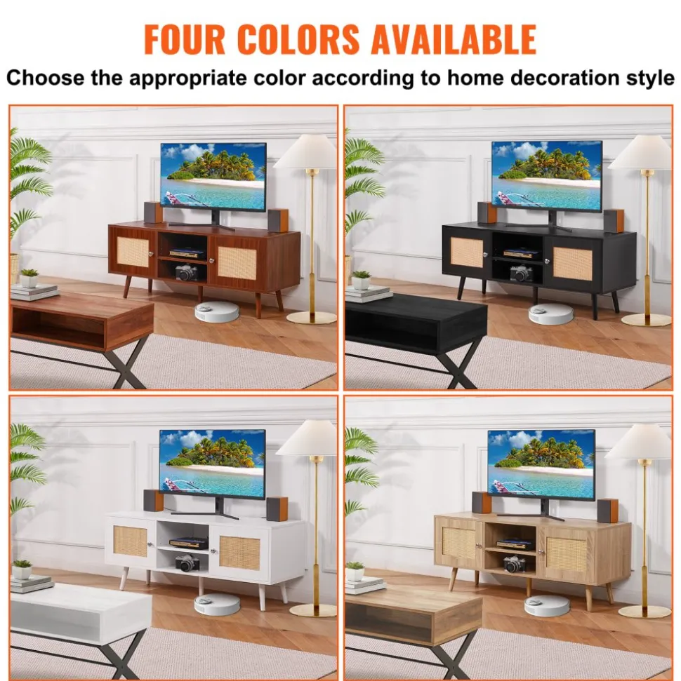 VEVOR Rattan TV Stand, Boho TV Cabinet for 55 inch TV, Mid Century Modern TV Stand, Rattan TV Console with Adjustable Shelfs for Living Room, Media Room, Oak