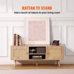 VEVOR Rattan TV Stand, Boho TV Cabinet for 55 inch TV, Mid Century Modern TV Stand, Rattan TV Console with Adjustable Shelfs for Living Room, Media Room, Oak