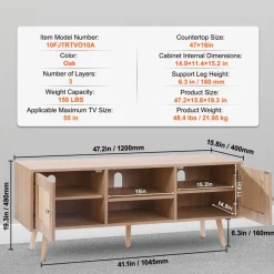 VEVOR Rattan TV Stand, Boho TV Cabinet for 55 inch TV, Mid Century Modern TV Stand, Rattan TV Console with Adjustable Shelfs for Living Room, Media Room, Oak