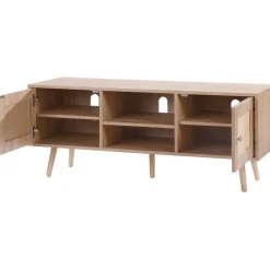 VEVOR Rattan TV Stand, Boho TV Cabinet for 55 inch TV, Mid Century Modern TV Stand, Rattan TV Console with Adjustable Shelfs for Living Room, Media Room, Oak