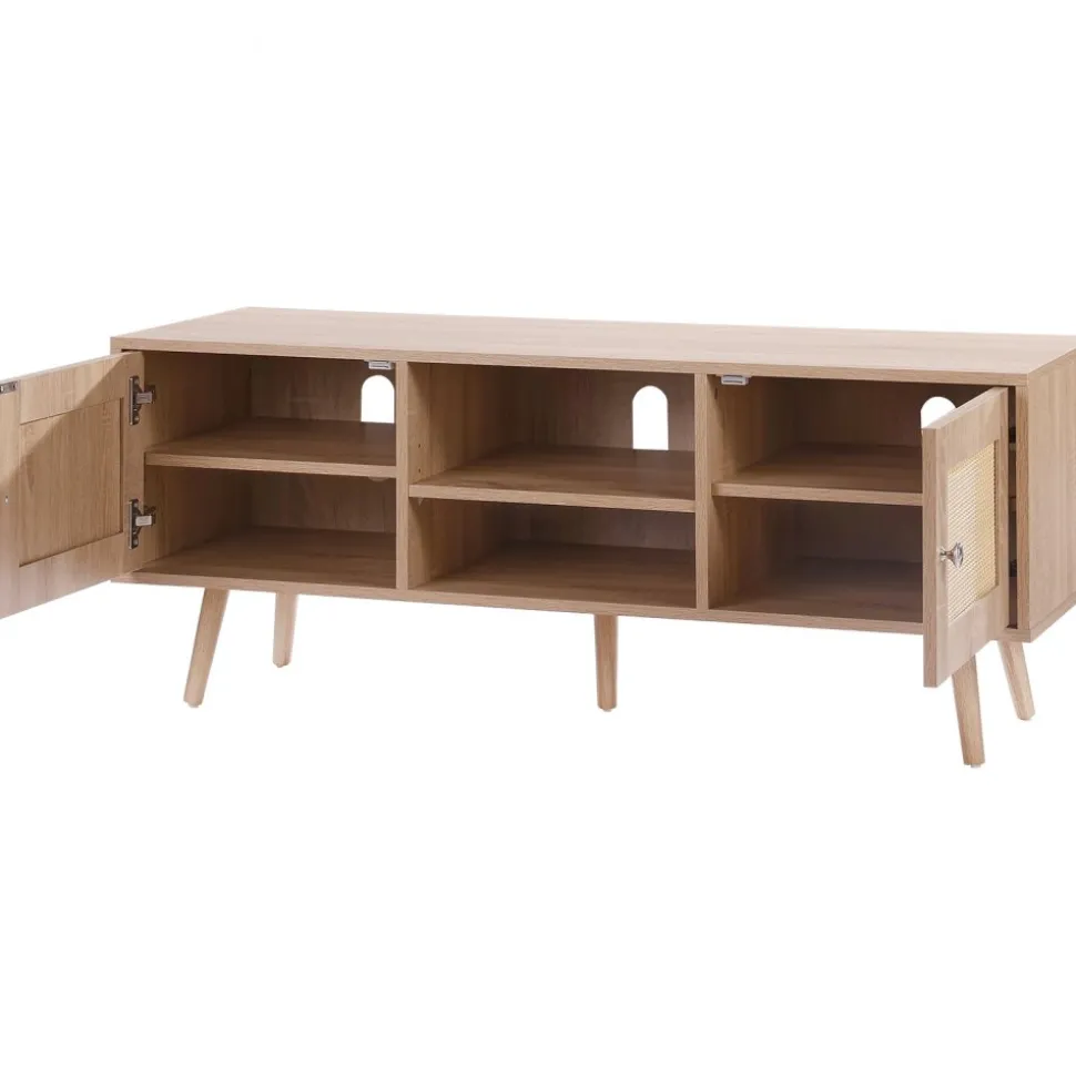 VEVOR Rattan TV Stand, Boho TV Cabinet for 55 inch TV, Mid Century Modern TV Stand, Rattan TV Console with Adjustable Shelfs for Living Room, Media Room, Oak