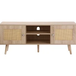 VEVOR Rattan TV Stand, Boho TV Cabinet for 55 inch TV, Mid Century Modern TV Stand, Rattan TV Console with Adjustable Shelfs for Living Room, Media Room, Oak