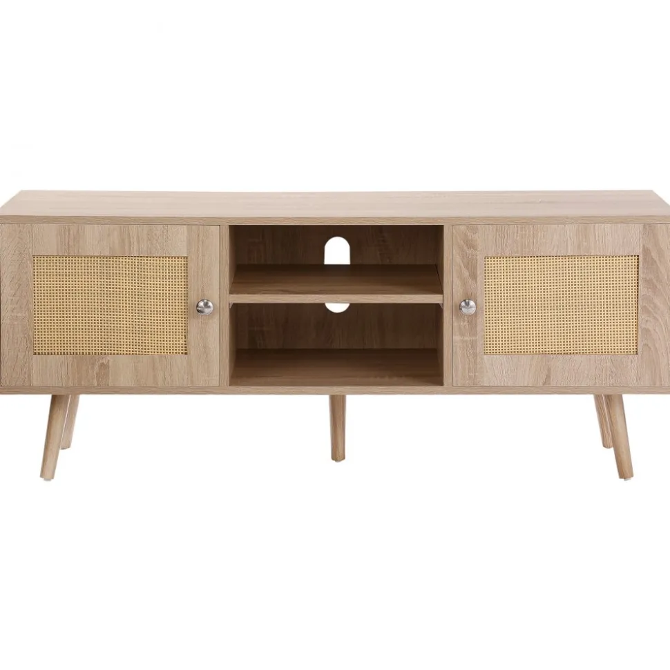 VEVOR Rattan TV Stand, Boho TV Cabinet for 55 inch TV, Mid Century Modern TV Stand, Rattan TV Console with Adjustable Shelfs for Living Room, Media Room, Oak
