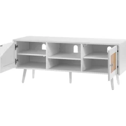 VEVOR Rattan TV Stand, Boho TV Cabinet for 55 inch TV, Mid Century Modern TV Stand, Rattan TV Console with Adjustable Shelfs for  Living Room, Media Room, White