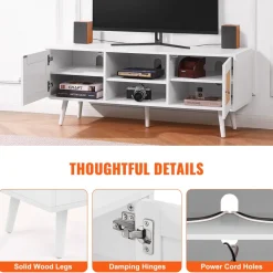 VEVOR Rattan TV Stand, Boho TV Cabinet for 55 inch TV, Mid Century Modern TV Stand, Rattan TV Console with Adjustable Shelfs for Living Room, Media Room, White