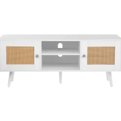 VEVOR Rattan TV Stand, Boho TV Cabinet for 55 inch TV, Mid Century Modern TV Stand, Rattan TV Console with Adjustable Shelfs for Living Room, Media Room, White