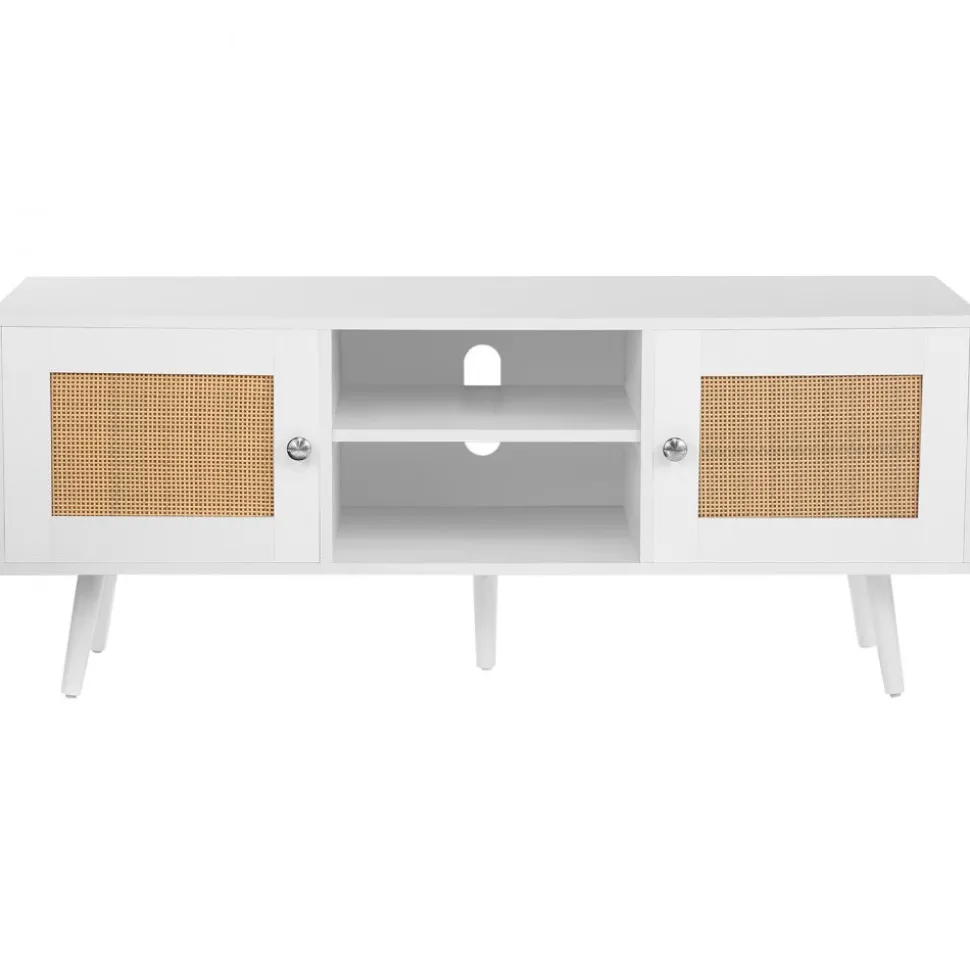 VEVOR Rattan TV Stand, Boho TV Cabinet for 55 inch TV, Mid Century Modern TV Stand, Rattan TV Console with Adjustable Shelfs for Living Room, Media Room, White