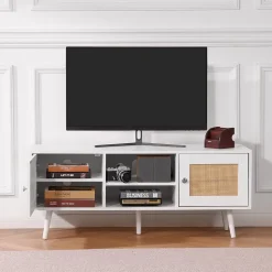 VEVOR Rattan TV Stand, Boho TV Cabinet for 55 inch TV, Mid Century Modern TV Stand, Rattan TV Console with Adjustable Shelfs for Living Room, Media Room, White