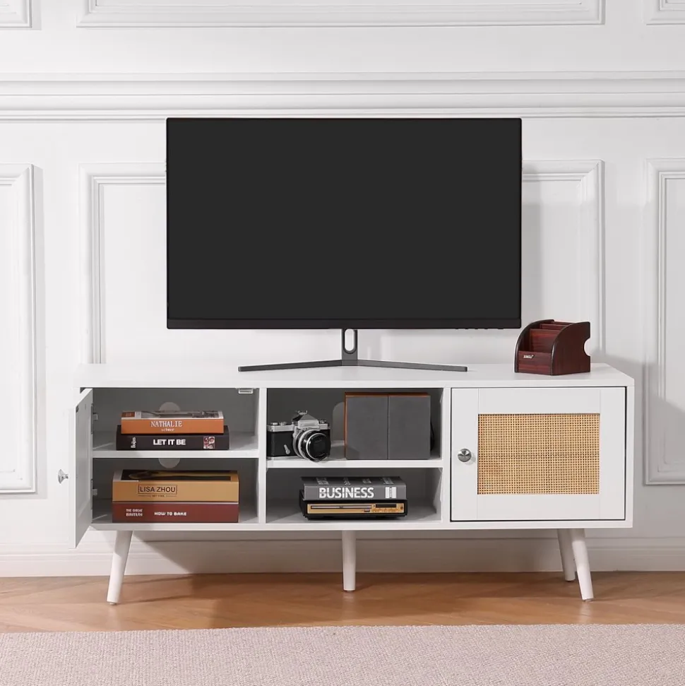 VEVOR Rattan TV Stand, Boho TV Cabinet for 55 inch TV, Mid Century Modern TV Stand, Rattan TV Console with Adjustable Shelfs for Living Room, Media Room, White