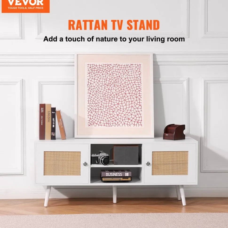 VEVOR Rattan TV Stand, Boho TV Cabinet for 55 inch TV, Mid Century Modern TV Stand, Rattan TV Console with Adjustable Shelfs for Living Room, Media Room, White