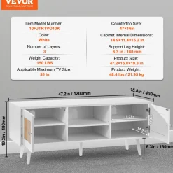VEVOR Rattan TV Stand, Boho TV Cabinet for 55 inch TV, Mid Century Modern TV Stand, Rattan TV Console with Adjustable Shelfs for Living Room, Media Room, White