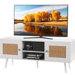 VEVOR Rattan TV Stand, Boho TV Cabinet for 55 inch TV, Mid Century Modern TV Stand, Rattan TV Console with Adjustable Shelfs for Living Room, Media Room, White