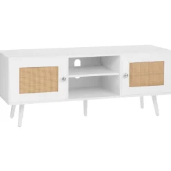VEVOR Rattan TV Stand, Boho TV Cabinet for 55 inch TV, Mid Century Modern TV Stand, Rattan TV Console with Adjustable Shelfs for Living Room, Media Room, White