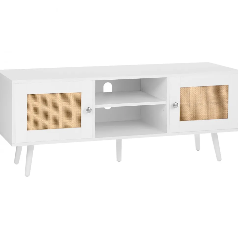 VEVOR Rattan TV Stand, Boho TV Cabinet for 55 inch TV, Mid Century Modern TV Stand, Rattan TV Console with Adjustable Shelfs for Living Room, Media Room, White