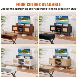 VEVOR Rattan TV Stand, Boho TV Cabinet for 55 inch TV, Mid Century Modern TV Stand, Rattan TV Console with Adjustable Shelfs for Living Room, Media Room, White