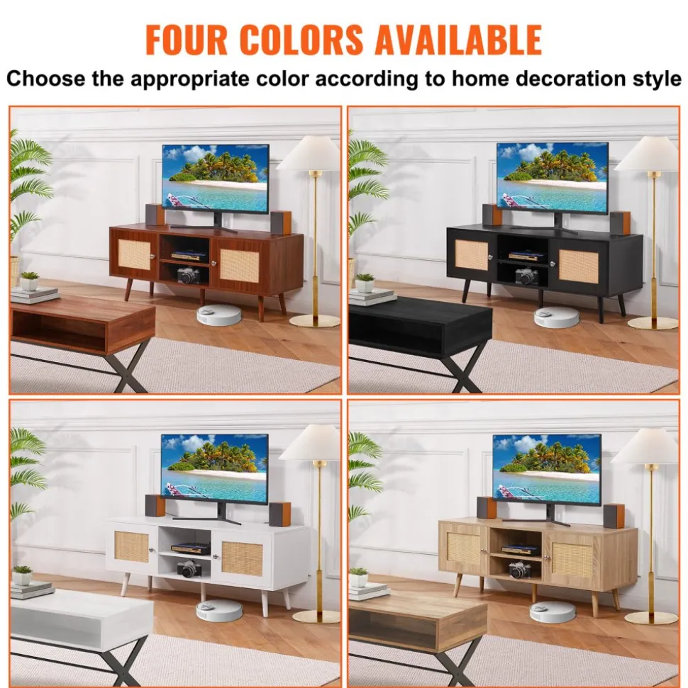 VEVOR Rattan TV Stand, Boho TV Cabinet for 55 inch TV, Mid Century Modern TV Stand, Rattan TV Console with Adjustable Shelfs for Living Room, Media Room, White