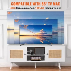 VEVOR Rattan TV Stand, Boho TV Cabinet for 55 inch TV, Mid Century Modern TV Stand, Rattan TV Console with Adjustable Shelfs for Living Room, Media Room, White