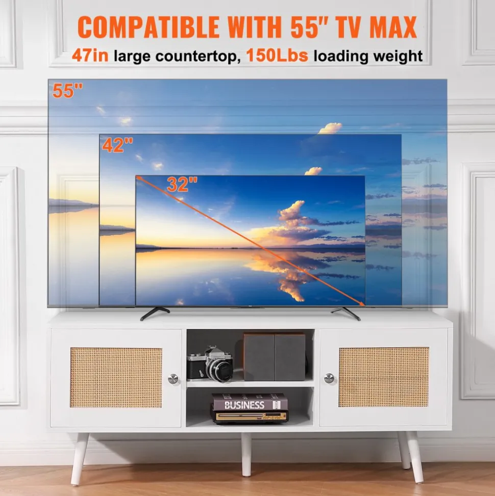 VEVOR Rattan TV Stand, Boho TV Cabinet for 55 inch TV, Mid Century Modern TV Stand, Rattan TV Console with Adjustable Shelfs for Living Room, Media Room, White