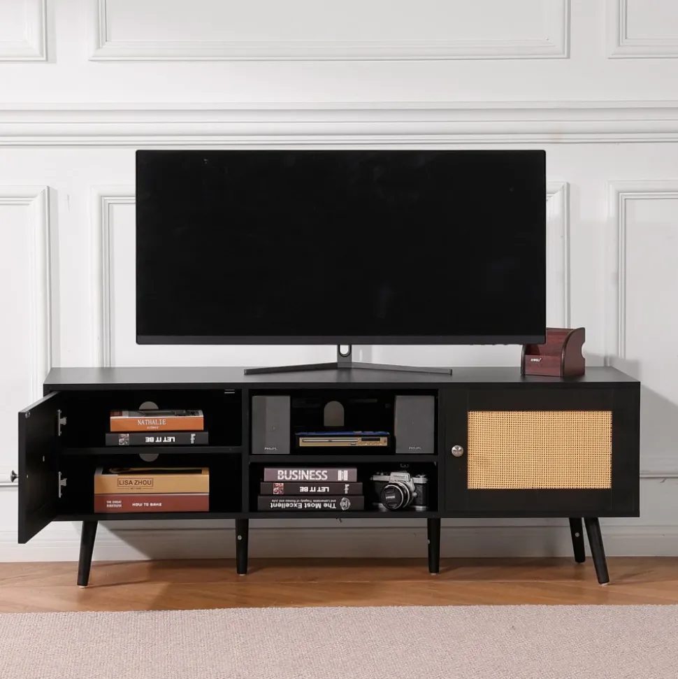 VEVOR Rattan TV Stand for 65 inch TV, Boho TV Stand with Rattan Door, Entertainment Center with Build-in Socket and USB Ports, Modern TV Console for Living Room, Media Room, Black