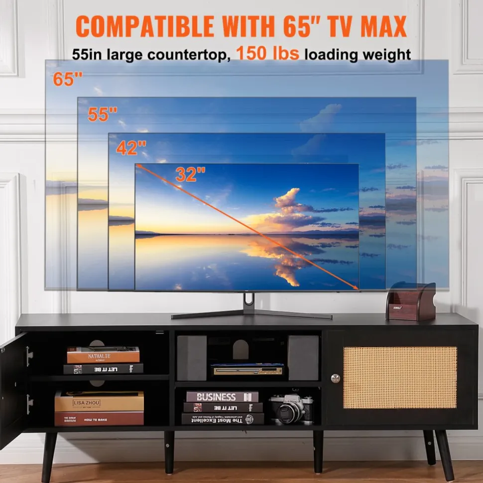 VEVOR Rattan TV Stand for 65 inch TV, Boho TV Stand with Rattan Door, Entertainment Center with Build-in Socket and USB Ports, Modern TV Console for Living Room, Media Room, Black
