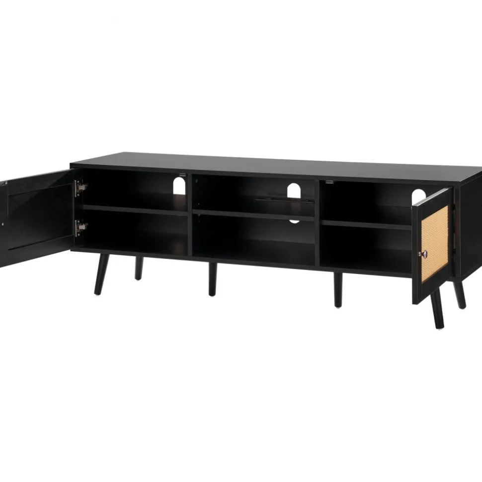 VEVOR Rattan TV Stand for 65 inch TV, Boho TV Stand with Rattan Door, Entertainment Center with Build-in Socket and USB Ports, Modern TV Console for Living Room, Media Room, Black