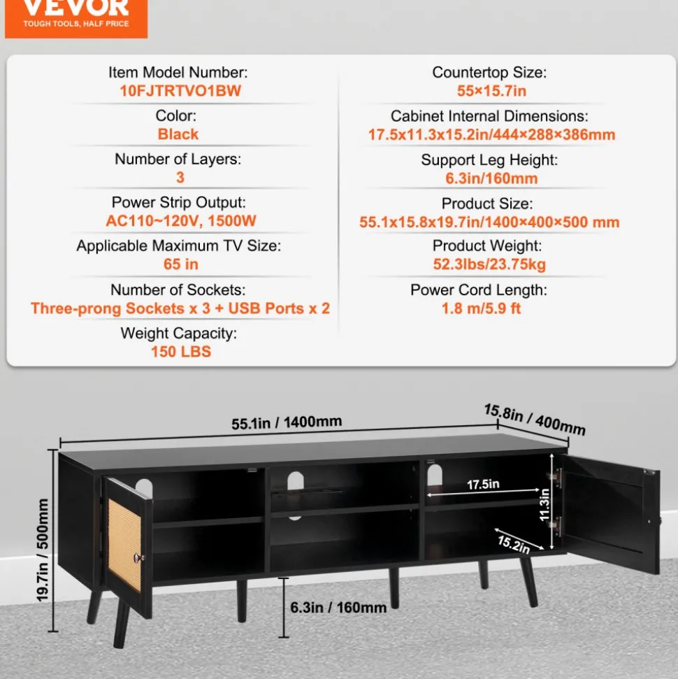 VEVOR Rattan TV Stand for 65 inch TV, Boho TV Stand with Rattan Door, Entertainment Center with Build-in Socket and USB Ports, Modern TV Console for Living Room, Media Room, Black