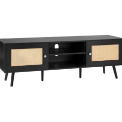 VEVOR Rattan TV Stand for 65 inch TV, Boho TV Stand with Rattan Door, Entertainment Center with Build-in Socket and USB Ports, Modern TV Console for Living Room, Media Room, Black